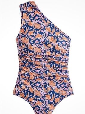 J. Crew One-Shoulder Floral Swimsuit in Navy with Orange and Pink Flowers